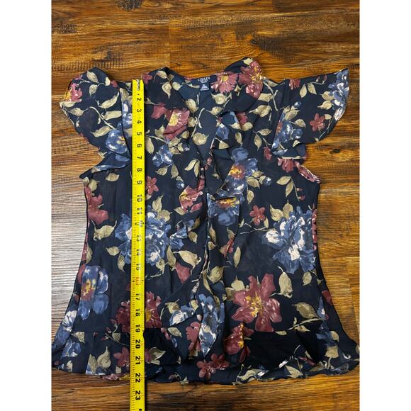 CHAPS floral button up blouse PETITE LARGE semi sheer peplum v neck cap sleeve - Picture 4 of 10